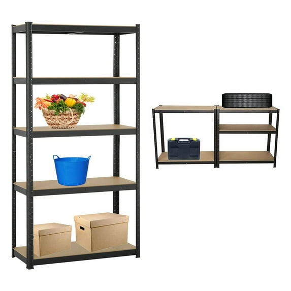 5-Tier 66in Garage Shelving Unit Storage Rack Organizer Commercial Industrial Racking Utility Shelves, 386lbs Load Per Tier, Metal Frame Adjustable Height, Boltless Easy Assembly for Home (Black)