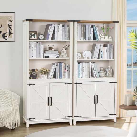 5 Tier 70in Bookshelf Set of 2, Tall Bookcase with Barn Doors and Storage Cabinet, White Farmhouse Book Shelf with Adjustable Shelves, Freestanding Display Bookshelves for Bedroom
