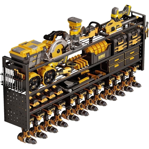 Large Power Tool Organizer Wall Mount Loads 600 lbs, Heavy Duty 4-Tier 12 Drills Holder, Cordless Tool Storage Battery Shelf, Utility Racks for Garage Workshop Shed, Gifts for Men Husband