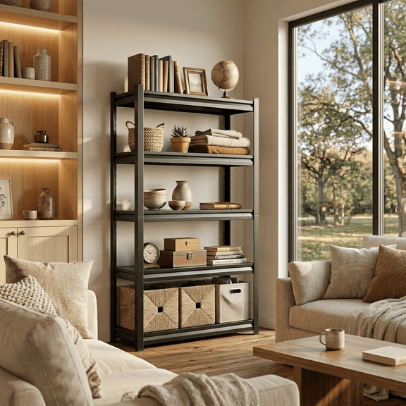 5-Tier 72"H x 40"W Metal BookShelf,14"D Industrial Bookshelves, Heavy Duty Steel Storage Shelf for Book, Adjustable Standing Book Shelf for Living Room, Bedroom, Office, Library, Tool-Free Assembly