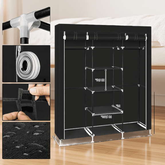 5-Tier 9-Cube Portable Clothes Closet Wardrobe Storage Organizer with Dustproof Cover, Black, 59"x17"x69"