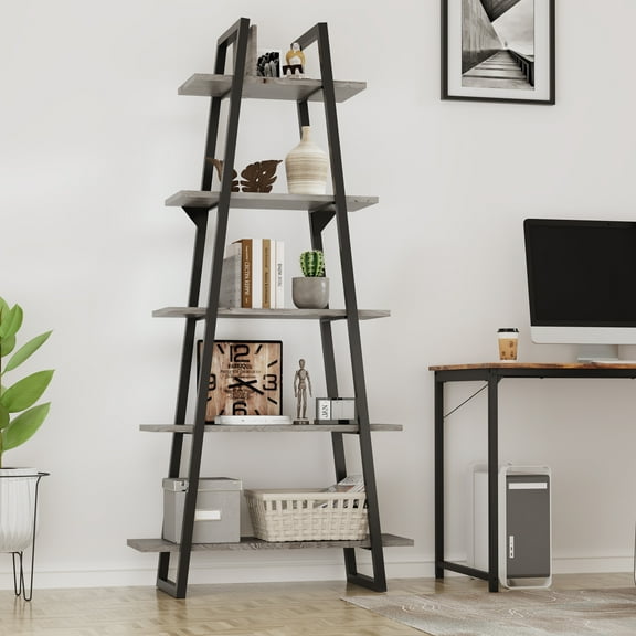 5-Tier A-Shape Book Shelf with Metal F 5-Tier A-Shape Book Shelf with Metal Frame, 72" Ladder Shelf, Wood Adjustable Shelves, Industrial Bookcase for Home Living Room Bedroom Office