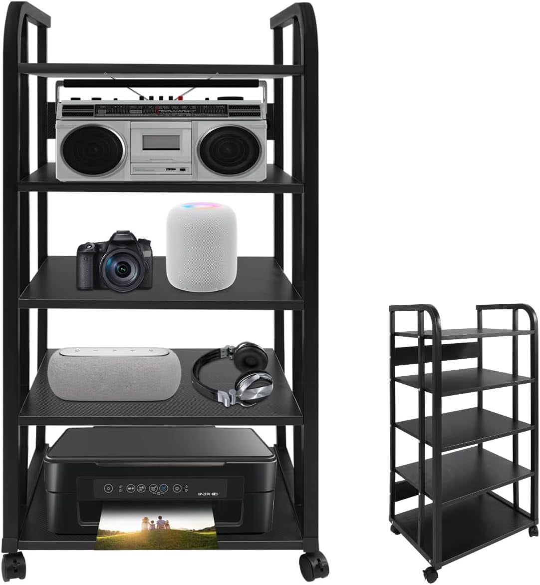 5-Tier AV Media Stand with Wheels, Adjustable Audio-Video Shelving ...