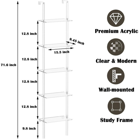 5-Tier Acrylic Bookshelf  Open Bookcase with LED Light String Modern Wall Leaning Storage Shelf for Home Office
