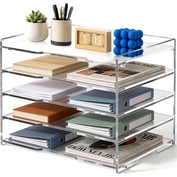 5 Tier Acrylic Desk Organizer, Clear Paper File Folder Holder Letter Tray, Desktop Document Sorter for Office Home School Classroom, Tiered Storage Rack Papers Bills Mail Supplies