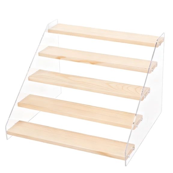 5 Tier Acrylic Wood Display Stand, 12 in / 30.5 cm Wide Shelf, Space-Saving Organizer, Clear Showcase Fixtures for Jewelry, Collectibles, Action Figures, Amiibo, Retail Product Presentation