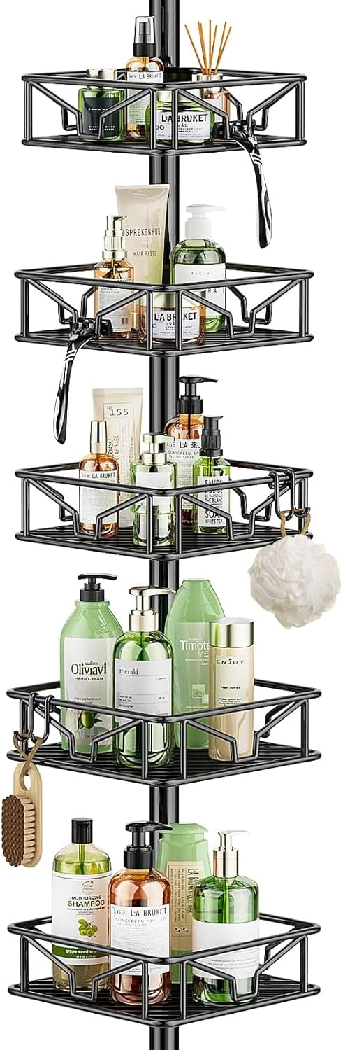 5 Tier Adjustable Corner Shower Organizer with Hooks,Rustproof Tension Pole 62-116 Inch, Black