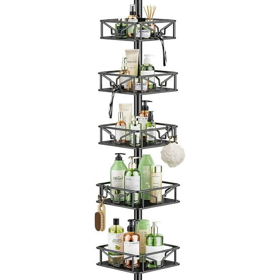 5 Tier Adjustable Corner Shower Organizer with Hooks,Rustproof Tension Pole 62-116 Inch, Black