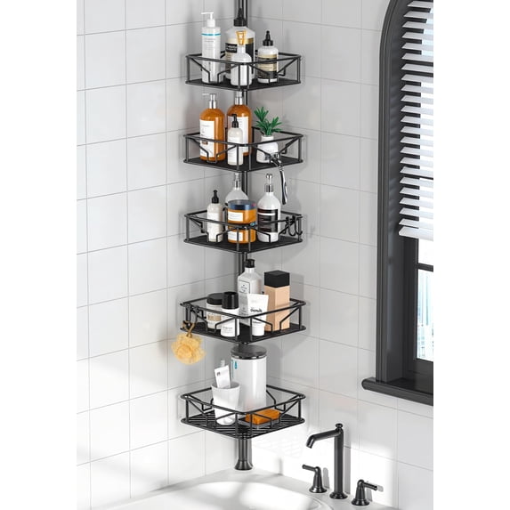 5 Tier Adjustable Corner Shower Caddy Organizer with Hooks,Rustproof Tension Pole 62-116 Inch, Black