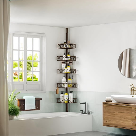 5 Tier Adjustable Corner Shower Caddy Organizer with Hooks, Rustproof Tension Pole 62-116 Inch, Bronze