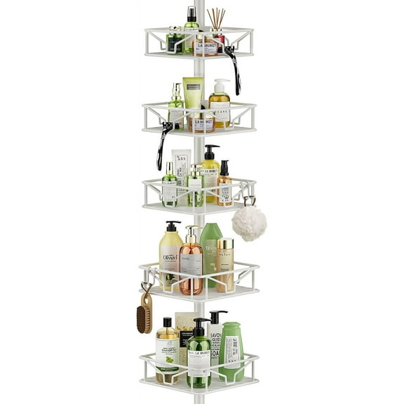 5-Tier Adjustable Corner Shower Caddy with Hooks, Rust-Resistant Tension Pole (62116 Inch), White
