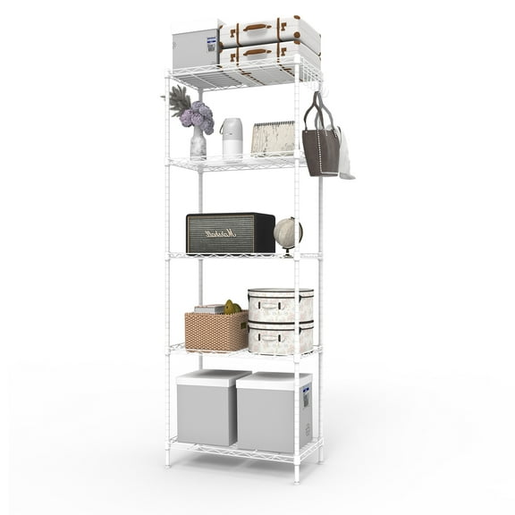 5-Tier Adjustable Display Rack, White Storage Shelf for Home, Office, and Retail, Heavy-Duty Metal Shelving Unit