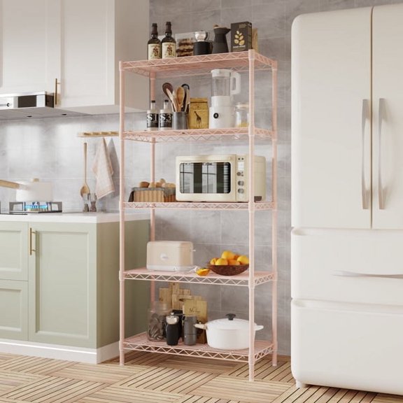 5-Tier Adjustable Display Stand, High Gloss Powder Iron Shelf with Leveling Feet for Home Office Storage