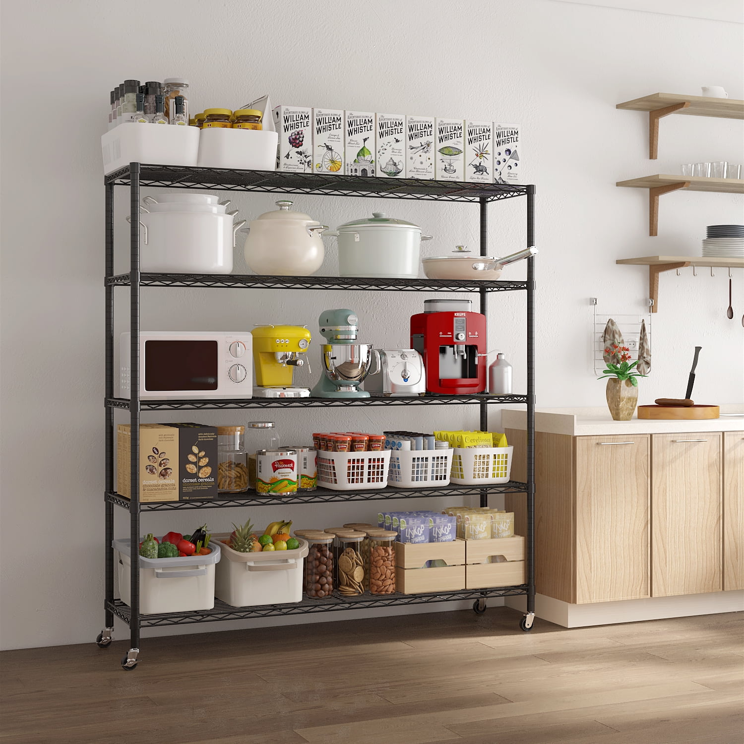 5-Tier Adjustable Iron Shelving Unit with Lockable Casters, Black, 46.85 x 18.50 x 72.83 in