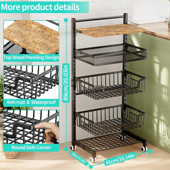5 Tier Adjustable Kitchen Cart with Wooden Top for Vegetable Storage, Rolling Fruit Basket on Wheels
