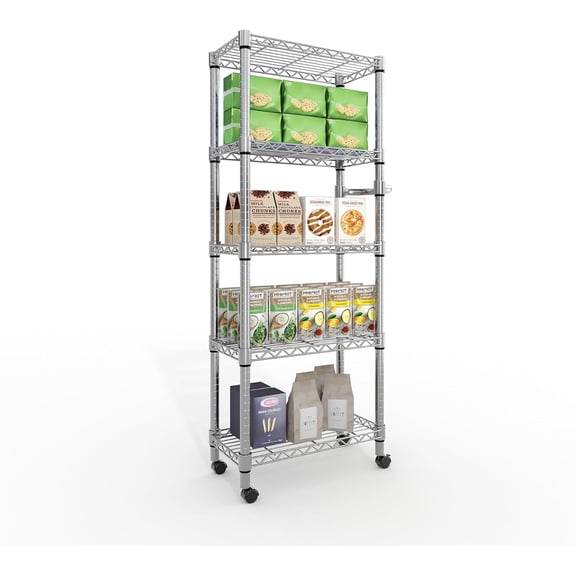 5-Tier Adjustable Metal Rolling Shelving Unit 220 lbs/Shelf Silver - 61in H