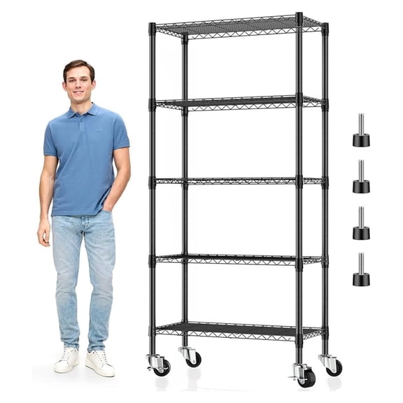 5 Tier Adjustable Rolling Storage Shelves with Wheels,Heavy Duty Metal Shelf Kitchen Pantry Garage Shelves, 14" D x 30" W x 60" H 750 lbs Capacity Wire Rack with Wheels for Small Spaces