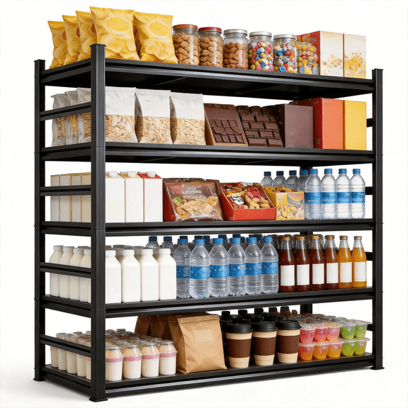 5 Tier Adjustable Snack Rack,72''H×36''W Heavy Duty Metal Snack Stand Storage Organizer with Thickened Double-Layer Posts,3000LBS Food Storage Shelves for Pantry Countertop Office Kitchen Living Room