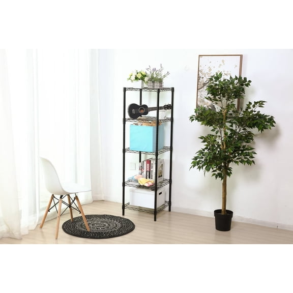 5-Tier Adjustable Steel Wire Shelving Rack for Small Spaces, Heavy Duty Metal Storage Tower with Matte Black Finish
