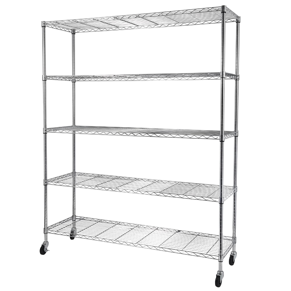 5-Tier Adjustable Storage Metal Rack with Wheels & Shelf Liners Ideal for Garage, Kitchen, and More