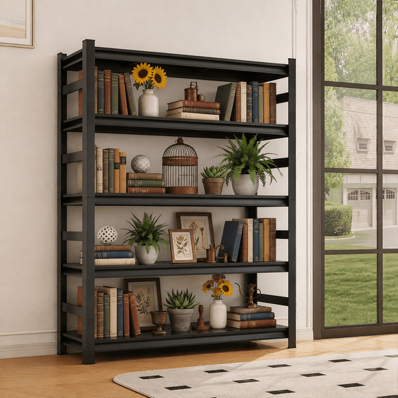 5 Tier Adjustable Storage Shelves with Anti-Drop Fence, 72"H x 36"W Metal Storage Rack, Shelving Units Utility Shelf for Kitchen, Pantry, Bathroom, Garage, Office Organization and Storage, Black