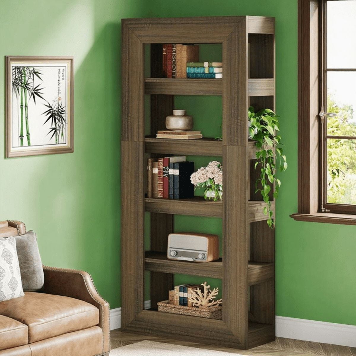 5-Tier All-Wood Bookshelf - Dark Brown Farmhouse Style, Thickened Base, for Living Room/Office/Reading Nook