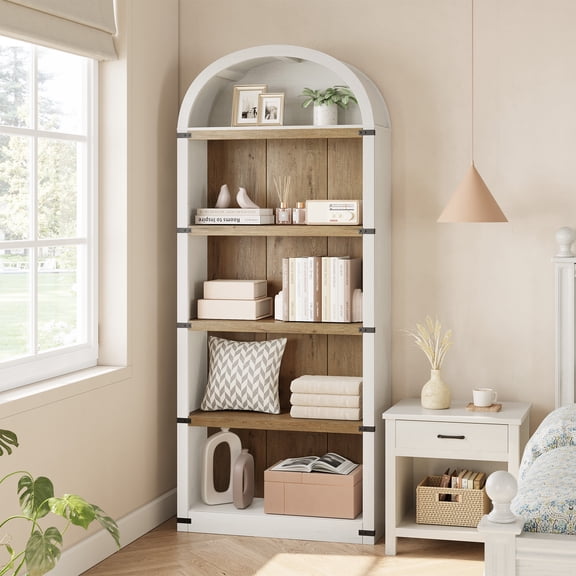 5 Tier Arched Bookcase, 72'' Tall Bookcase Wooden Arch Bookshelf, Freestanding Arched Cabinet for Living Room Bedroom Study Office