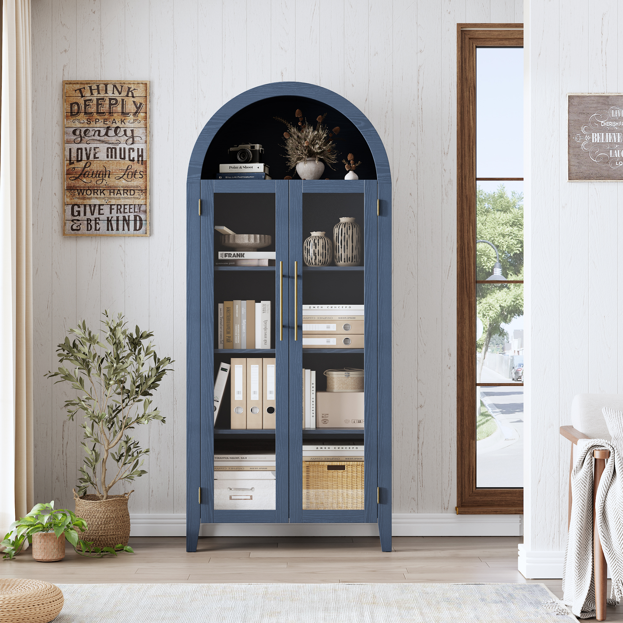 5-Tier Arched Bookcase, Bookshelf with Glass Door, Display Cabinet with Adjustable Shelves, Tall Storage Cabinet for Living Room, Modern Bookcase for Bedroom/Living Room/Home Office