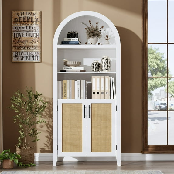 5-Tier Arched Bookcase, Bookshelf with Rattan Door & Adjustable Shelves, Home Office Shelf Storage Organizer, Floor Standing Display Storage Shelves, Modern Bookcase for Bedroom/Living Room