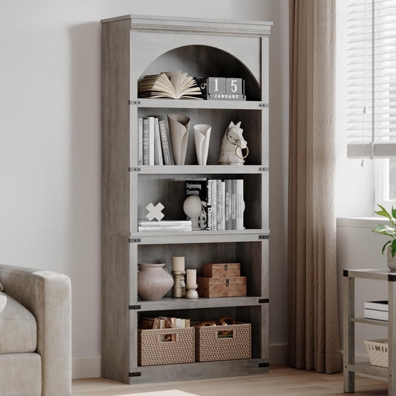 5 Tier Arched Bookcase, Farmhouse Bookcase Display Racks, Curved Storage Rack Bookshelf for Bedroom Living Room Home Office, Gray