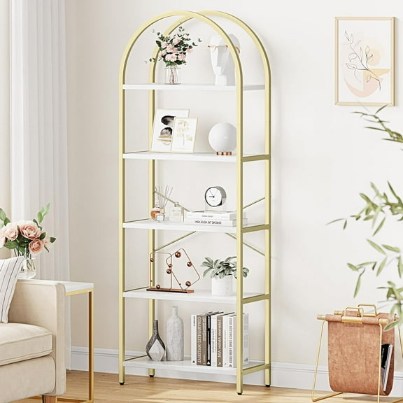 5 Tier Arched Bookcase Shelf Tall Bookcase with Storage Vertical Display Shelf Rack Modern Bookcase Wood and Metal Storage Shelving Units for Bedroom, Living Room, Home Office, White/Gold