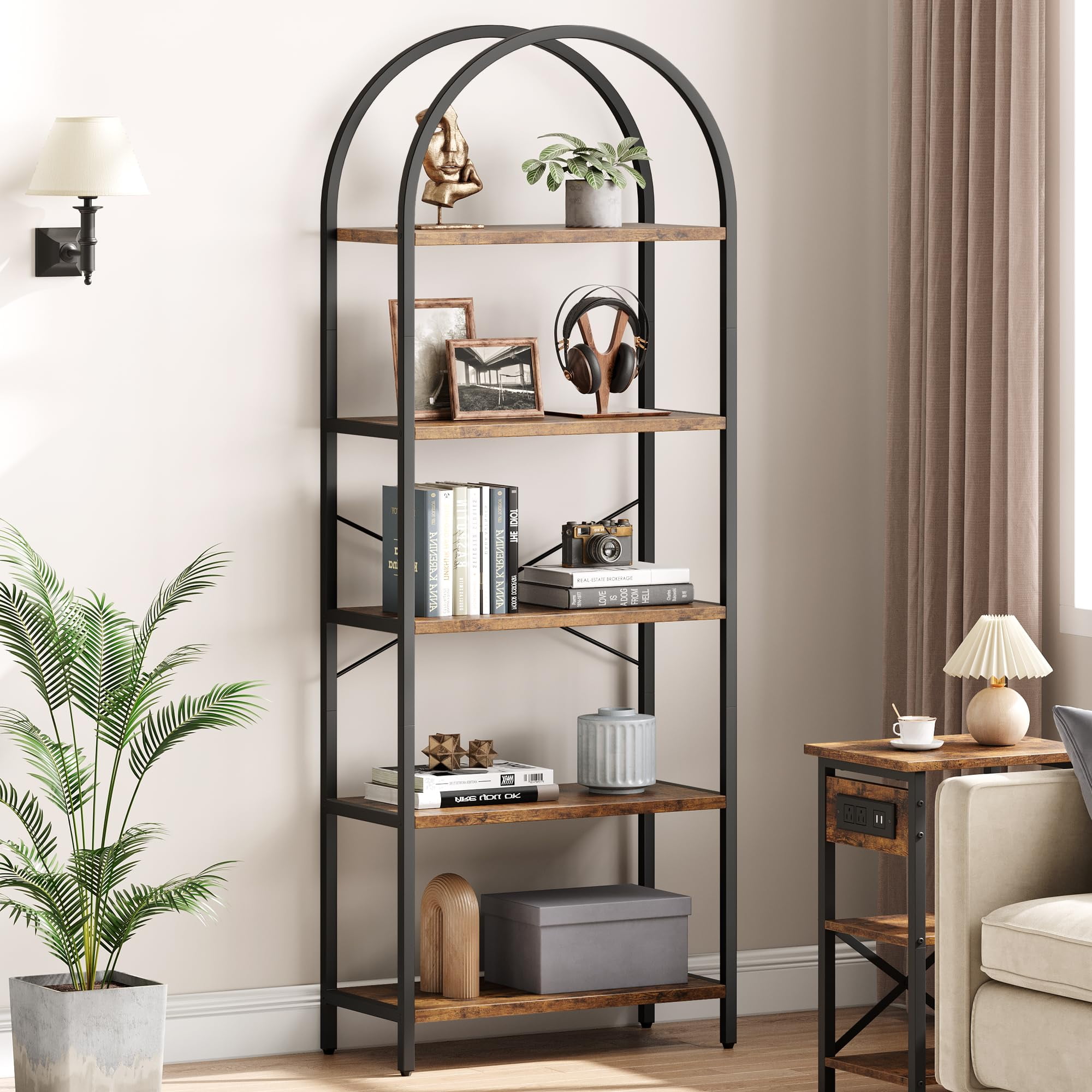 5 Tier Arched Bookcase Shelf Tall Bookcase with Storage Vertical ...