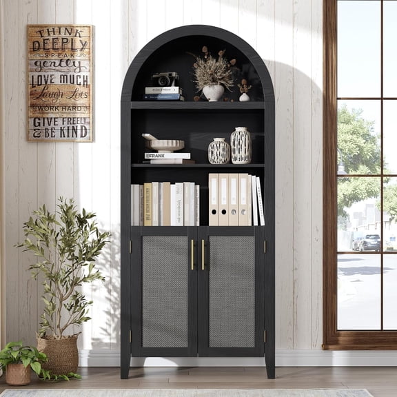 Memoryfield 5 Tier Arched Bookcase with Rattan Doors, Modern Bookshelf Storage Cabinet, Open Display Shelf, for Home Office Living Room, Black