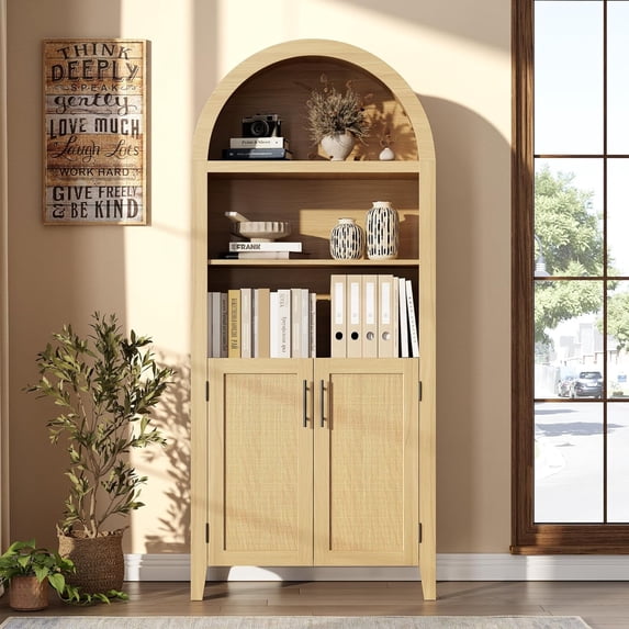 Memoryfield 5 Tier Arched Bookcase with Rattan Doors, Modern Bookshelf Storage Cabinet, Open Display Shelf, for Home Office Living Room, Natural