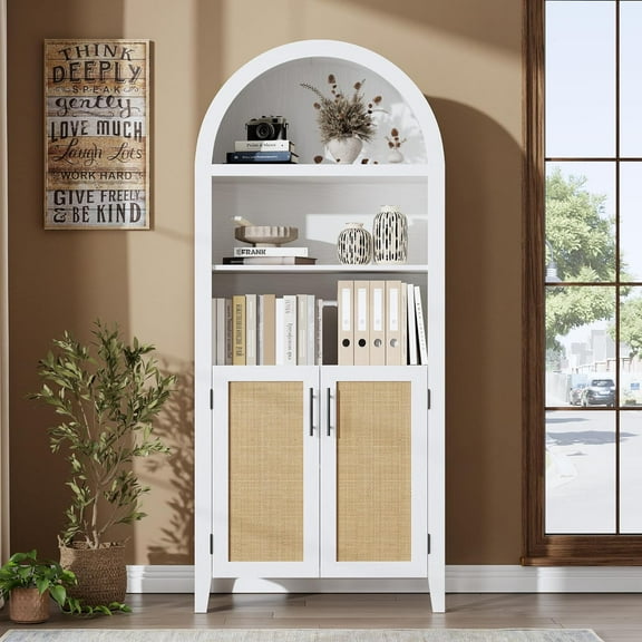 5 Tier Arched Bookcase with Rattan Doors, Modern Bookshelf Storage Cabinet, Open Display Shelf, for Home Office Living Room, White