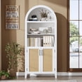 thumbnail image 1 of Memoryfield 5 Tier Arched Bookcase with Rattan Doors, Modern Bookshelf Storage Cabinet, Open Display Shelf, for Home Office Living Room, White, 1 of 8