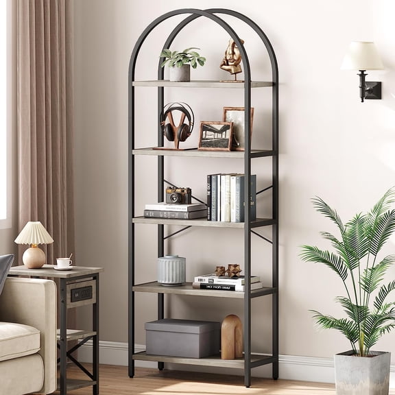 5-Tier Arched Bookshelf, 70.87" Tall Industrial Bookcase with Metal Frame, Modern Freestanding Open Display Shelving Rack for Office, Bedroom, Living Room