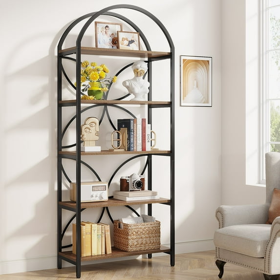 5-Tier Arched Bookshelf, 74.8-Inch Tall Narrow Bookcase, Industrial Storage Shelves with Metal Frame, Freestanding Display Rack Shelving Unit for Living Room, Bedroom, Office (Rustic Brown)