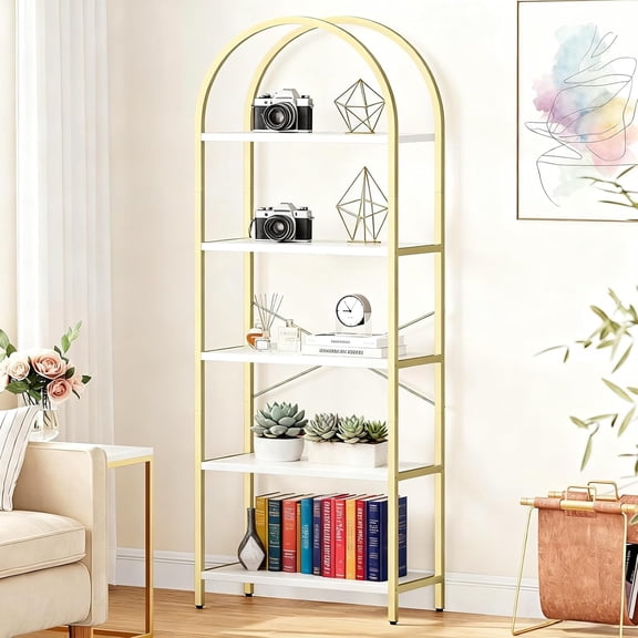 5 Tier Arched Bookshelf, Industrial Open Back Bookcase, Modern Freestanding Display Shelving Unit Storage Rack with Metal Frame for Bedroom Living Room, White