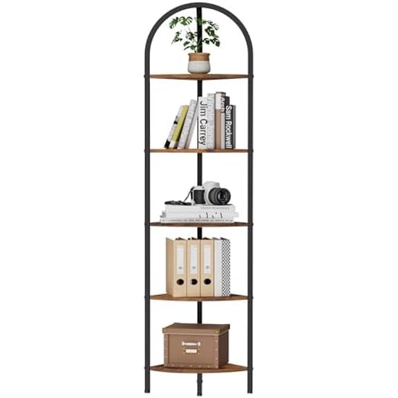 5-Tier Arched Corner Shelf Stand, Wall Corner Bookshelf with Metal Frame, Plant Stand, Industrial Storage Rack Shelf for Living Room, Bedroom, Office, Bathroom, Rustic Brown and Black