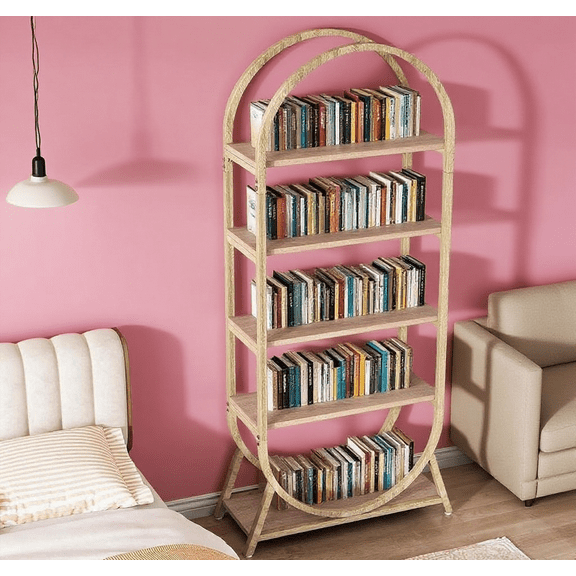 5-Tier Arched Open Bookshelf, 70.8" Tall Modern Brown Storage Bookcase, Freestanding Display Rack Shelving Unit for Office, Bedroom, Living Room, Easy Assembly (Oak)