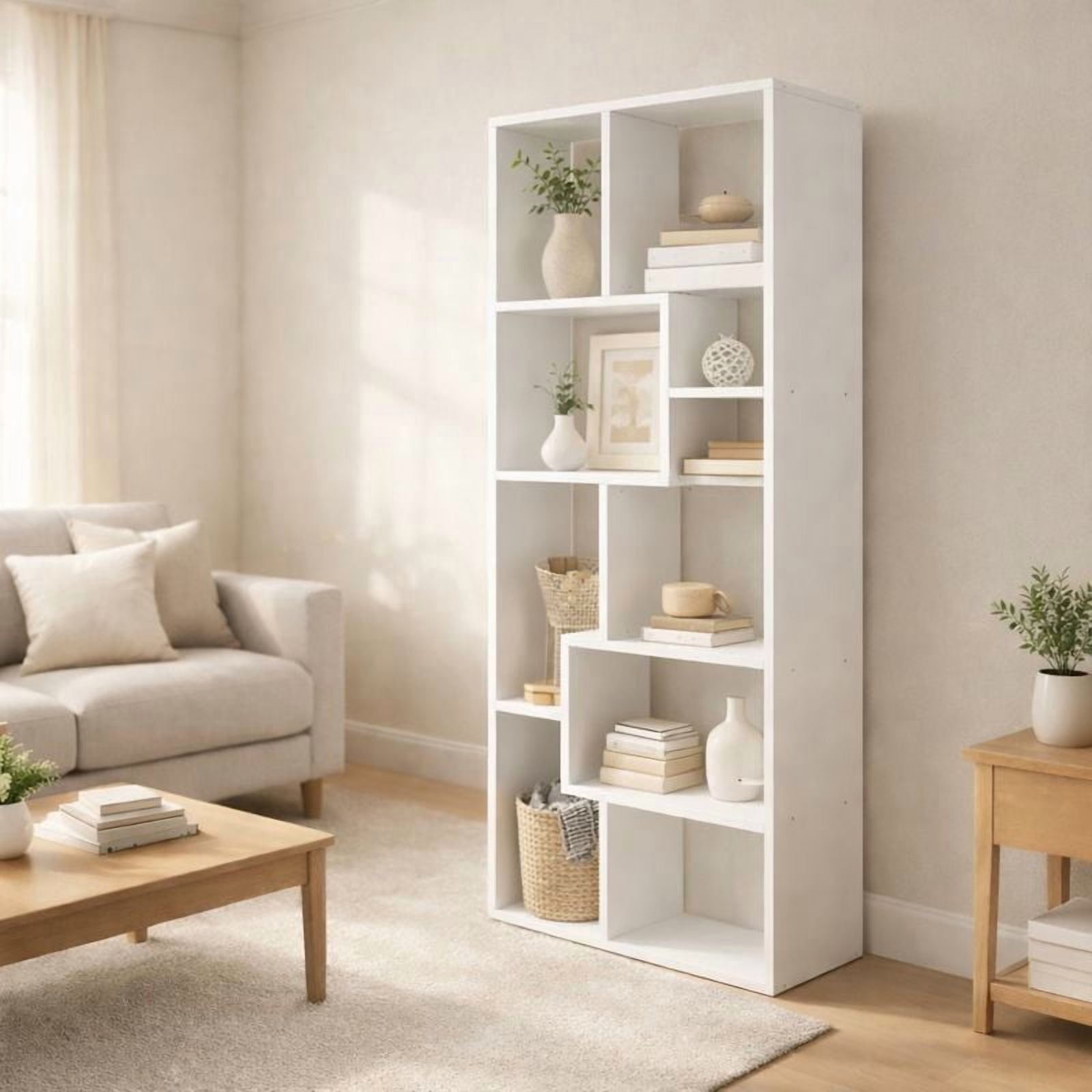 5-Tier Asymmetrical Display Shelf Bookcase, Modern Geometric Staggered Cube Storage Shelving Unit, White Freestanding Accent Shelf for Living Room Bedroom Home Office