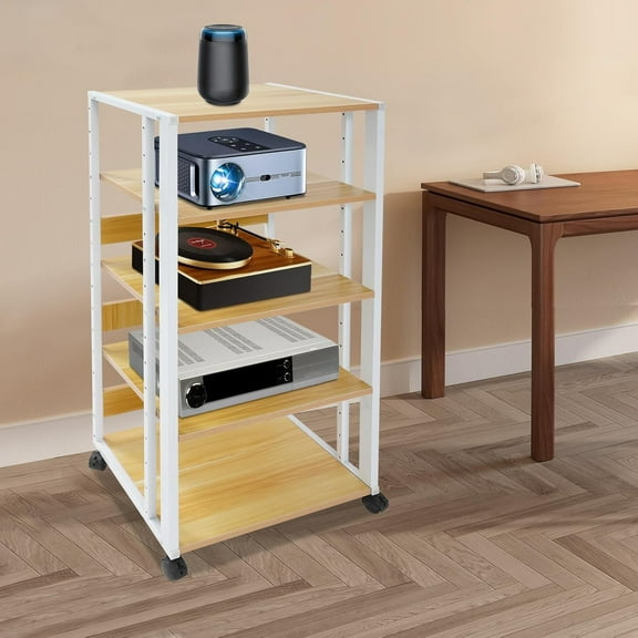 5 Tier Audio/Video Media Stand, CD Record Player Stereo Receiver AV Equipment Cabinet Display Rack with 4 Lockable Wheels Capacity Up0110 lbs Media Audio Tower Cabinet for Living Room- (White)