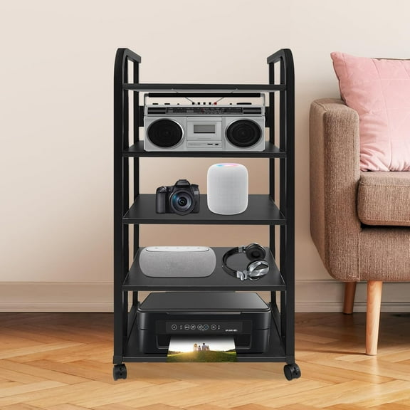 5 Tier Audio/Video Media Stand, CD Record Player Stereo Receiver AV Equipment Cabinet Display Rack with 4 Lockable Wheels Guardrails& Backbaffles Capacity Up 88 lbs Media Audio Tower Cabinet