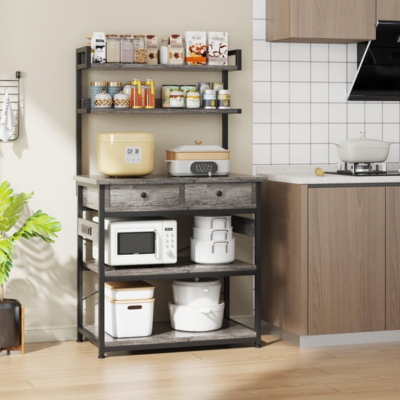 5-Tier Bakers Rack with 2 Drawers and Power Outlets, Gray Oak Finish