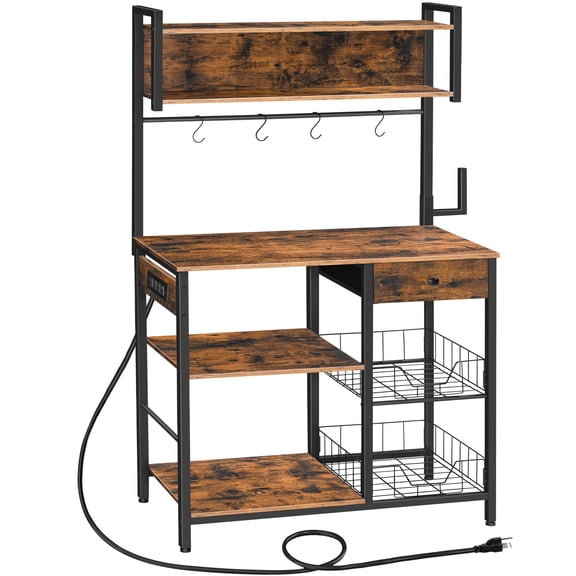 5-Tier Bakers Rack with Drawer, Wire Baskets, Hooks & 4 Outlets - Standard