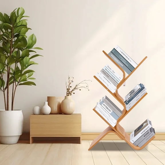 5-Tier Bamboo Bookshelf, Burlywood Color, Modern Tree Shape Design, Sturdy and Functional Storage for Books and Office Essentials