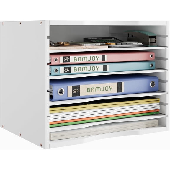 5 Tier Bamboo Desktop Organizer with Adjustable Shelves for Letters and Documents White