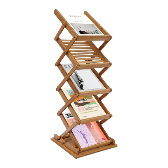 5-Tier Bamboo Foldable Magazine Display Rack Portable Magazine Shelf File Shelf Pop-up MagazineRack Book Stand