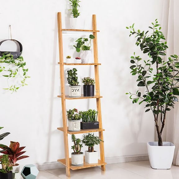 5 Tier Bamboo Ladder Bookshelf Wall Leaning Storage Shelf, Modern Open Display Rack with 5 Spacious Shelves, Space Saving Bookcase for Living Room Bedroom Bathroom Home Office Corner Organizer Natura